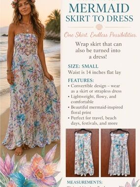 BaliaWear Mermaid Skirt to Dress Convertible Wrap Floral Small Boho Resort NWOT